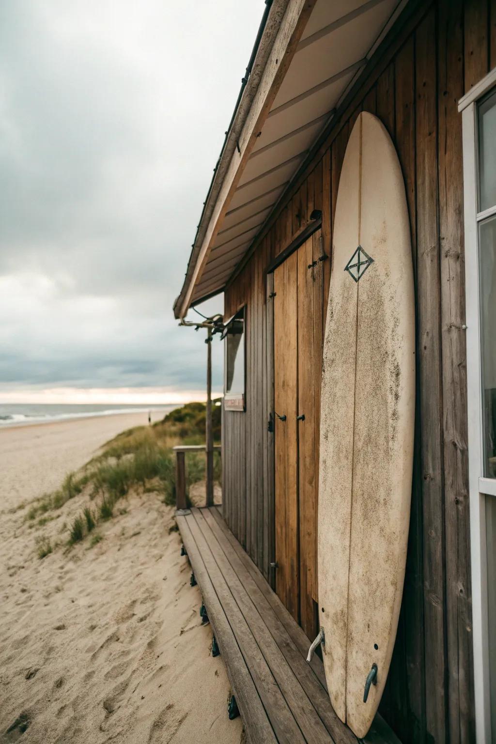 A classic surfboard adds an authentic coastal touch to the beach outbuilding.