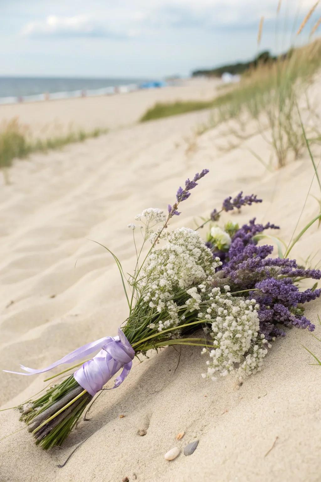 A gentle, whimsical bouquet for a fairytale beach environment.