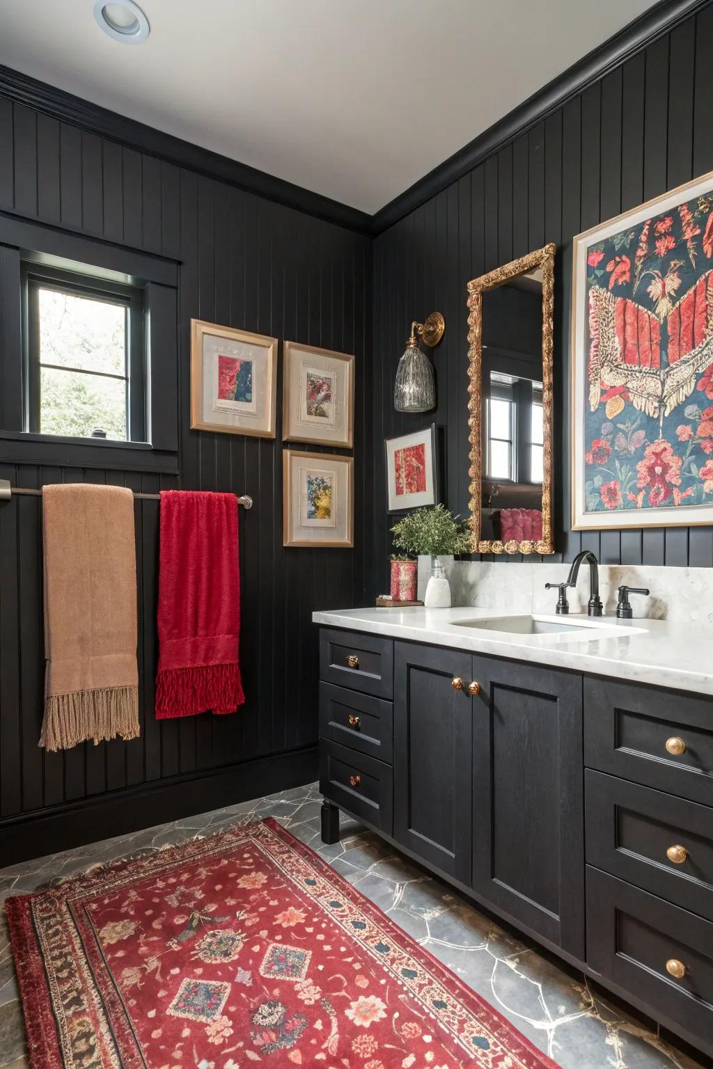 Dark paneling establishes a striking, dramatic atmosphere.