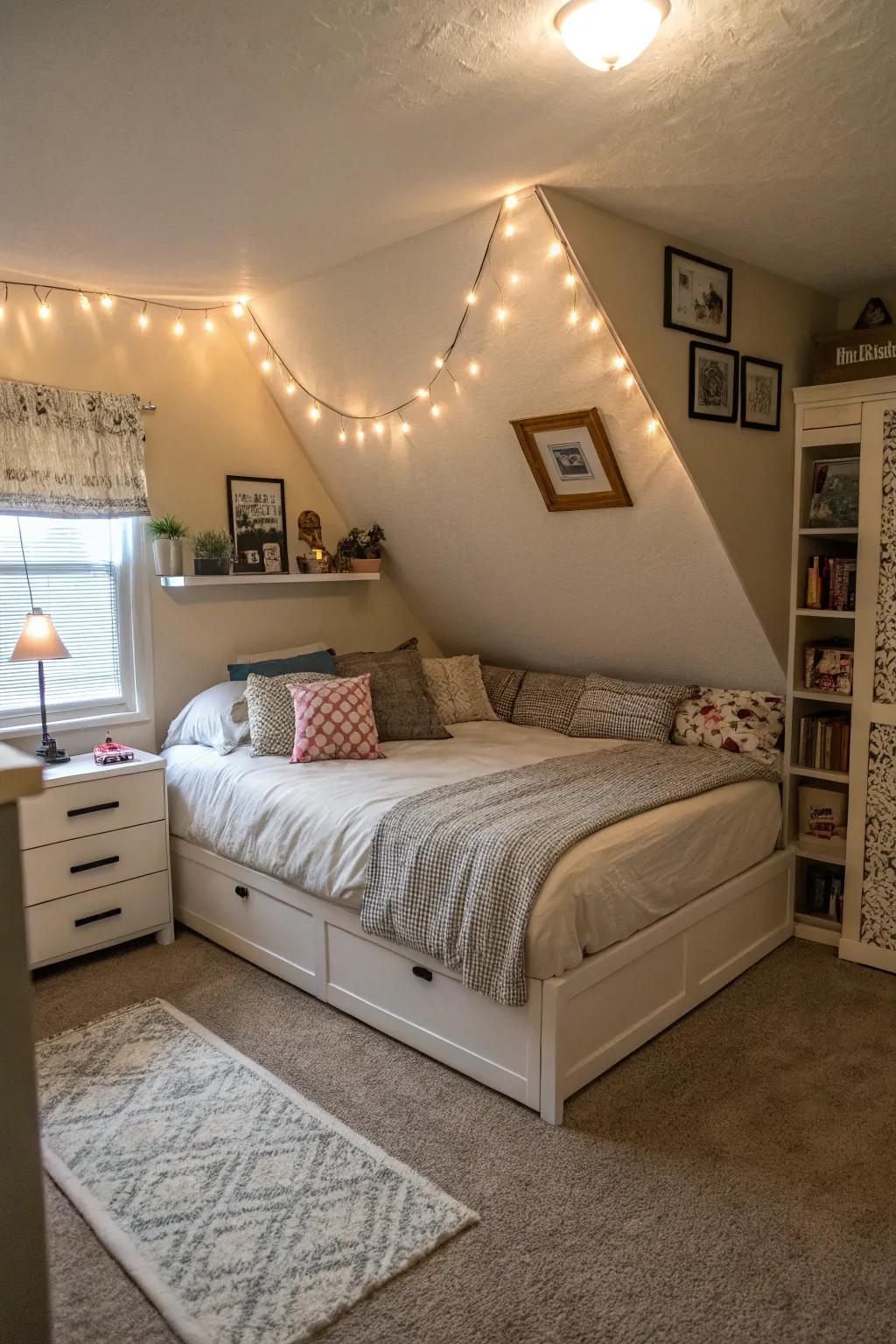 An angled bed creates a dynamic corner arrangement.