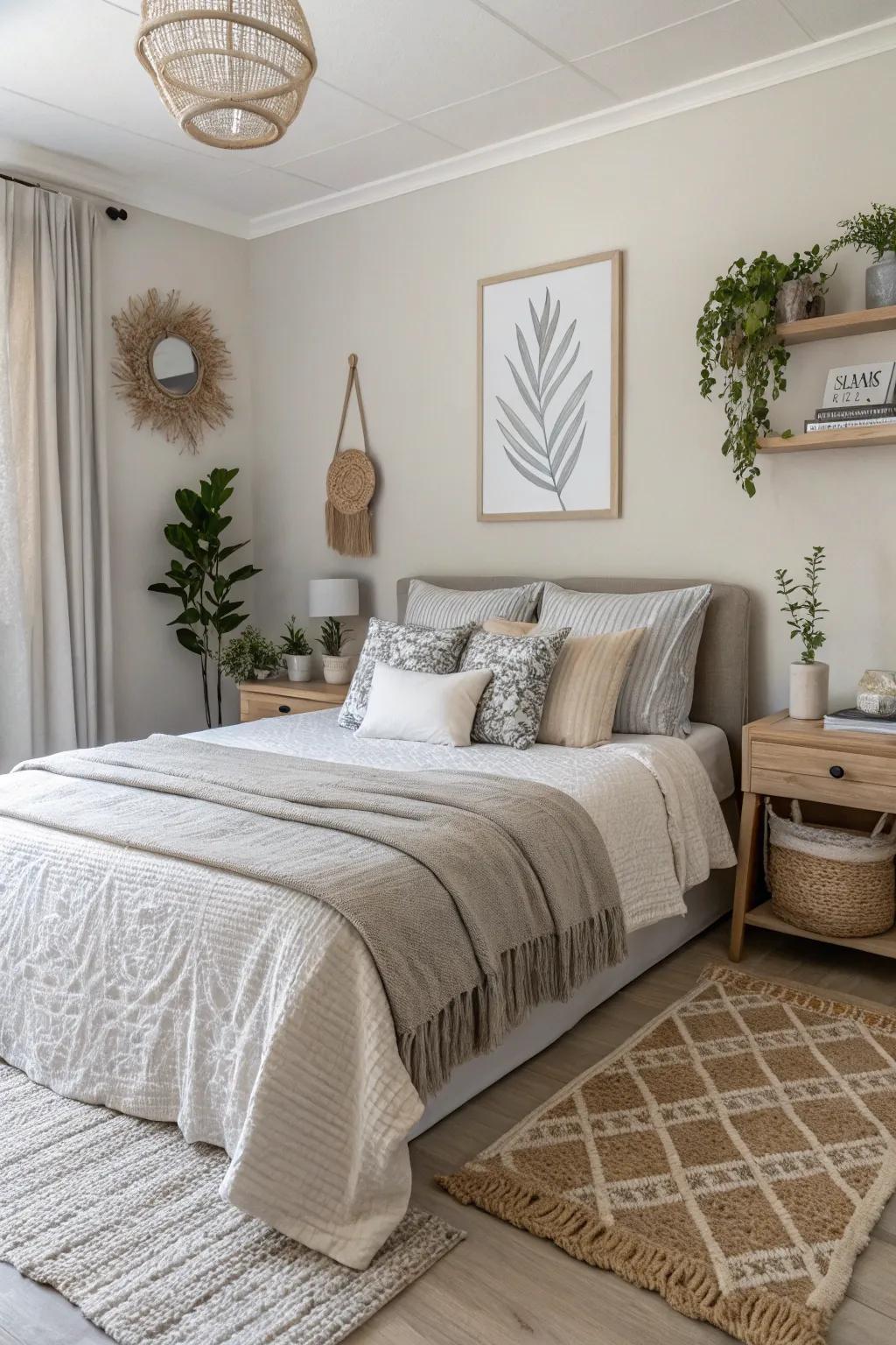 Subdued color schemes craft a serene and unified bedroom.