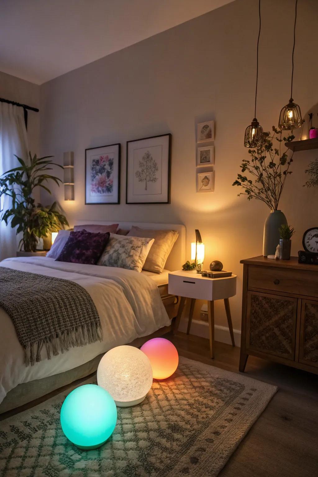 Spectrum-shifting bulbs creating unique ambiance.
