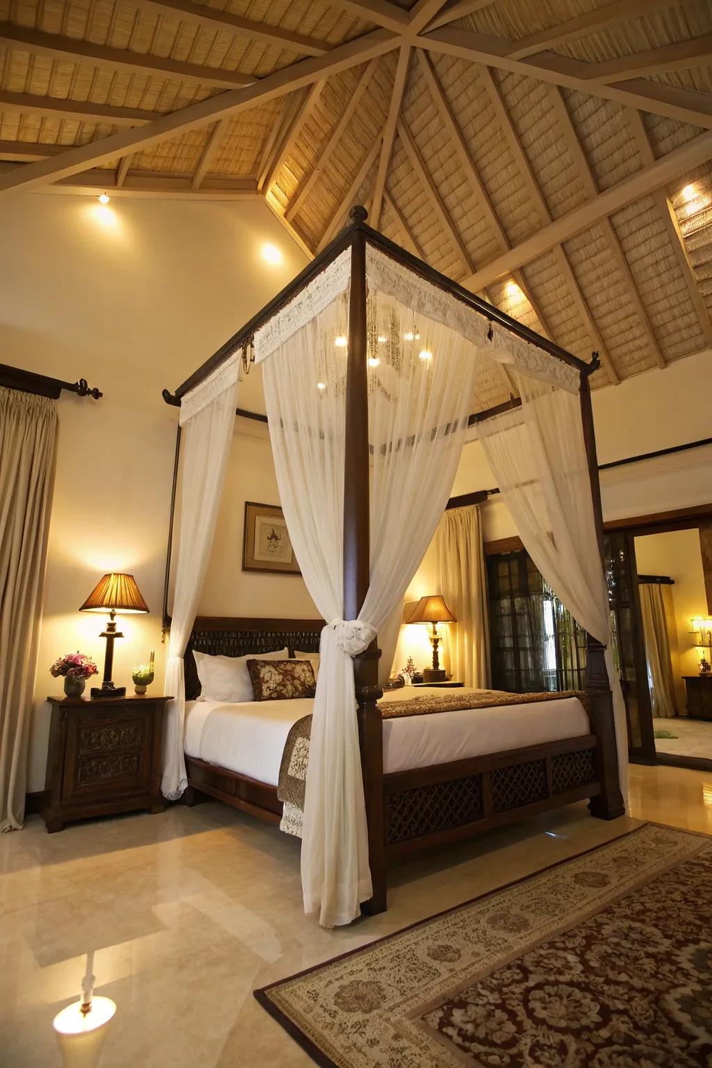Tall beds and high ceilings produce dramatic focal points.