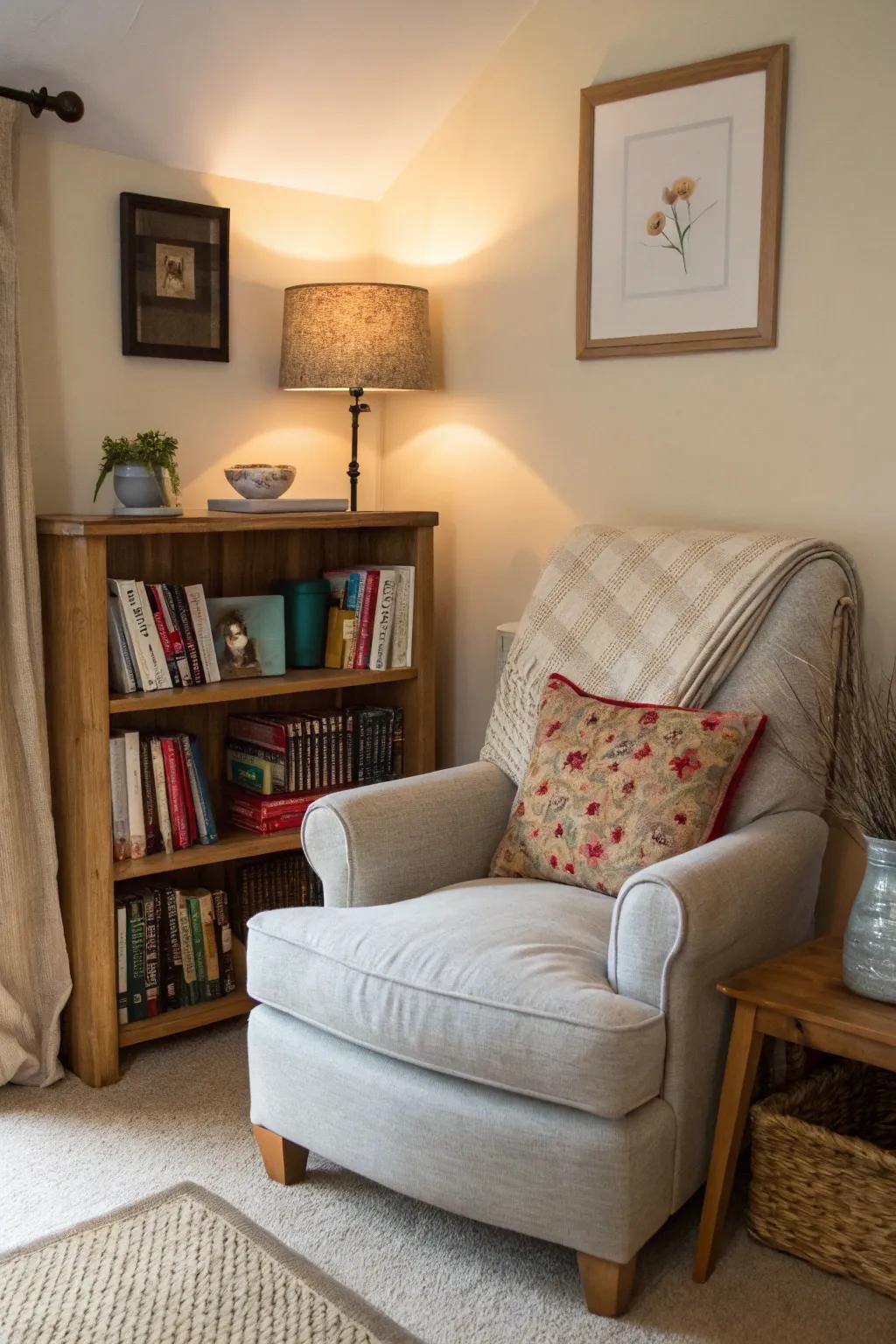 A calm corner for relaxing is offered by a reading nook.