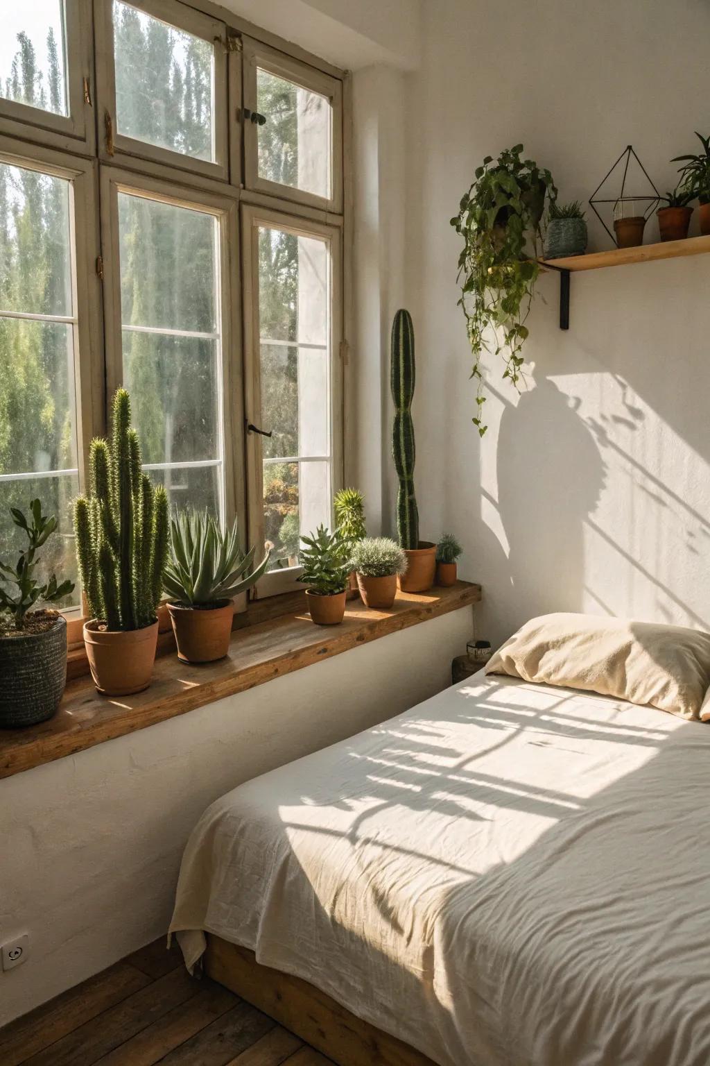 Cacti and succulents add charm to any bedroom.