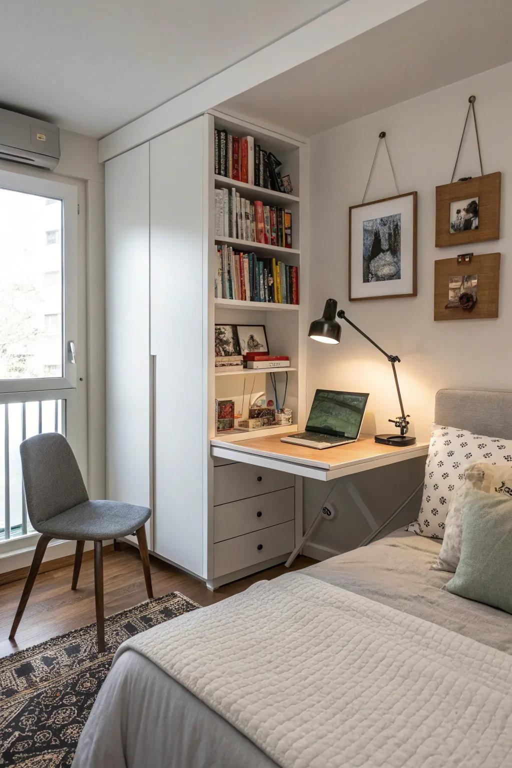 Include a flexible workspace inside your bedroom using a fold-down desk.