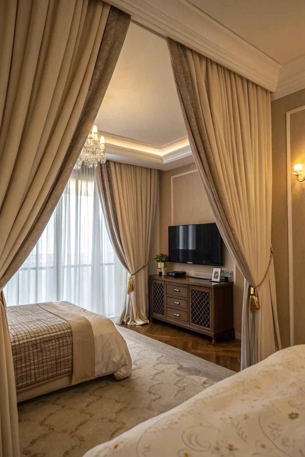 Elegant curtains provide softness and light control for your television area.