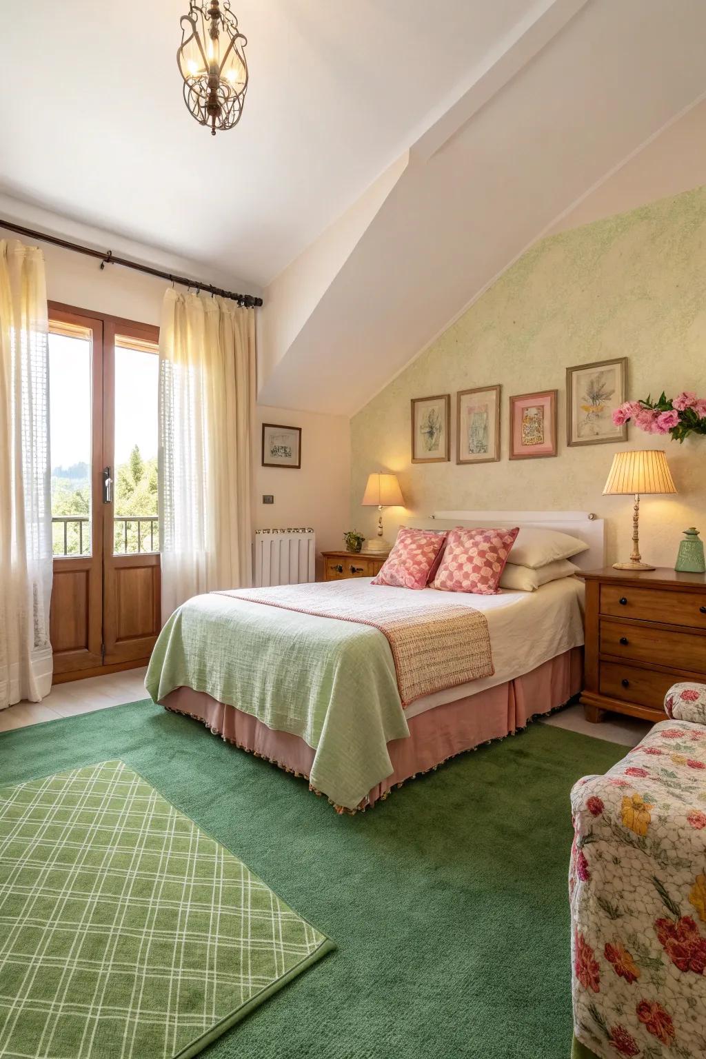 Compatible hues create a harmonious equilibrium with the verdant floor covering.