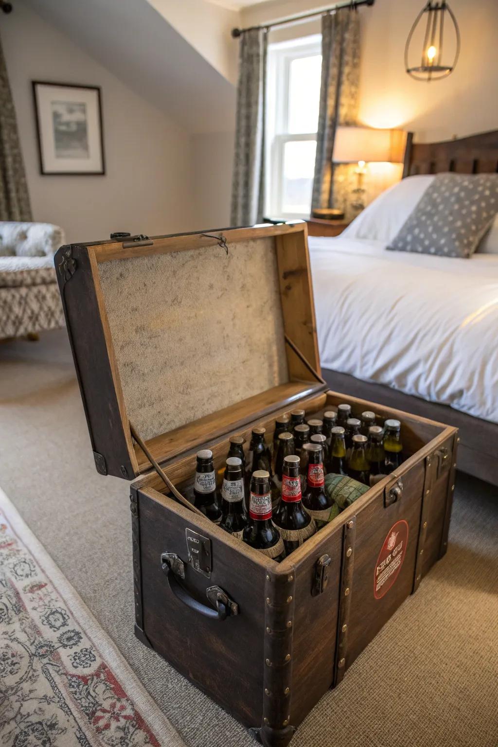An antique luggage in the sleeping quarters safeguarding brew bottles, incorporating vintage charm.