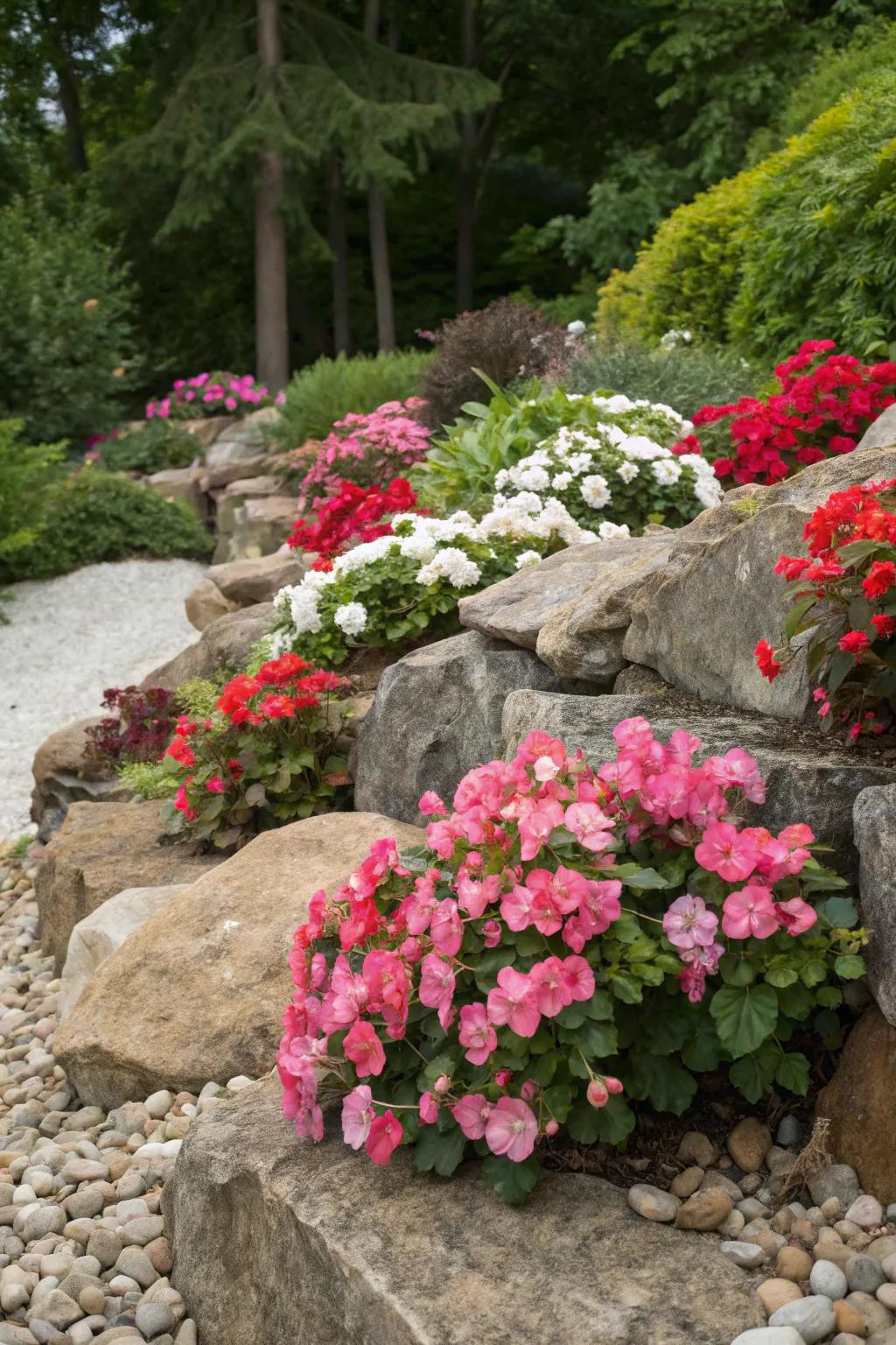 Plants add vibrant color to rock gardens.