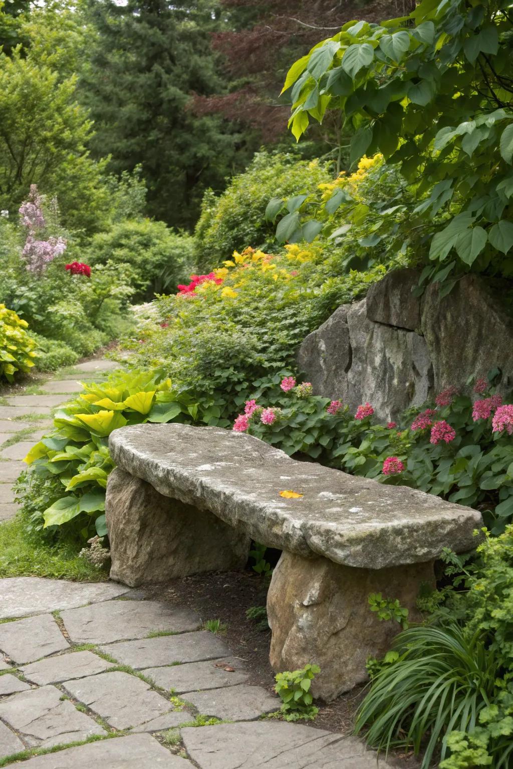 Stone benches offer a harmonious blend with the natural environment.