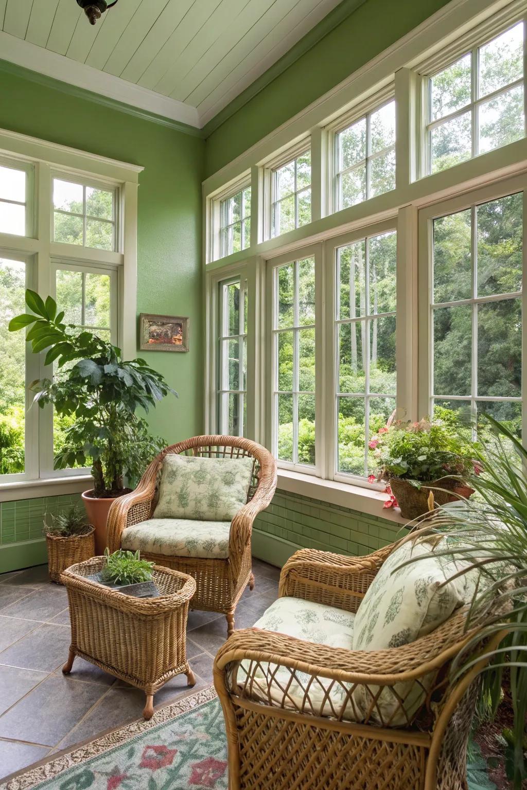 A refreshing sunroom with cucumber green walls.