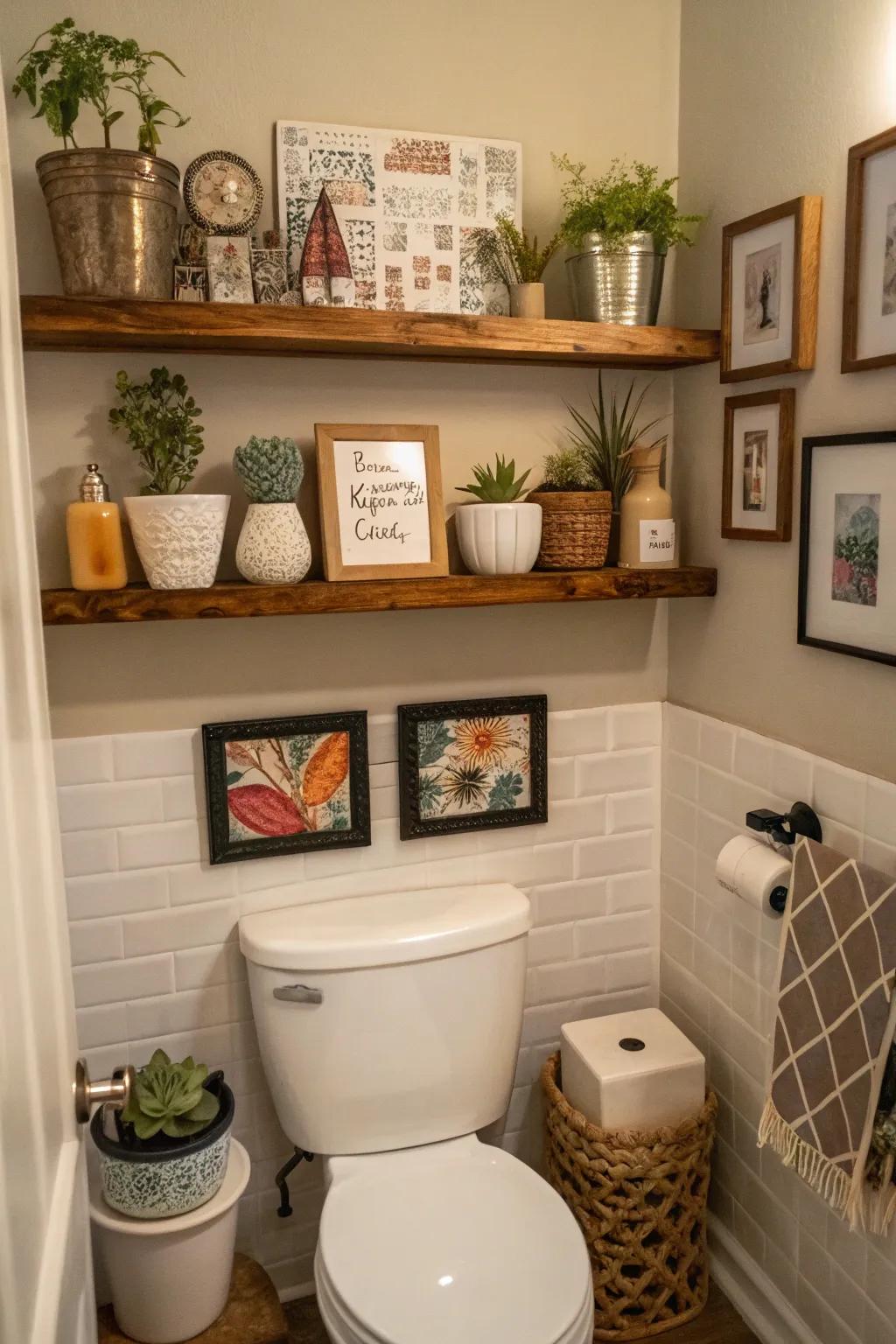 Artistic displays add character and creativity to bathroom storage.