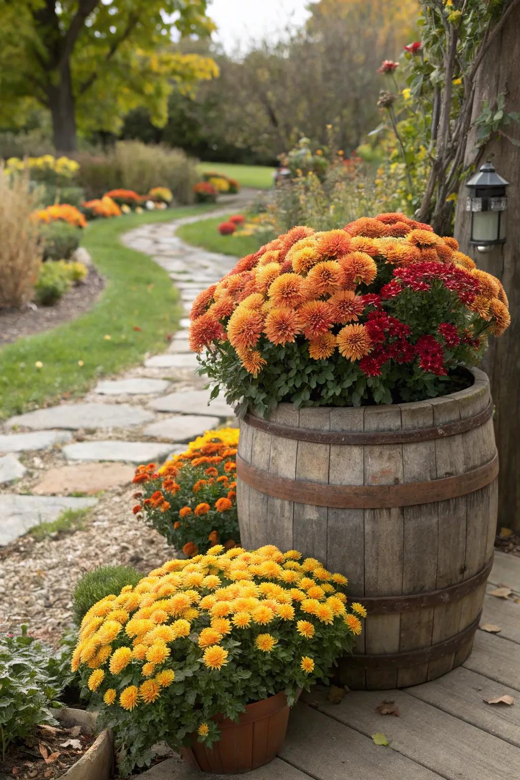 Festive chrysanthemums bringing autumn warmth to a whiskey barrel.