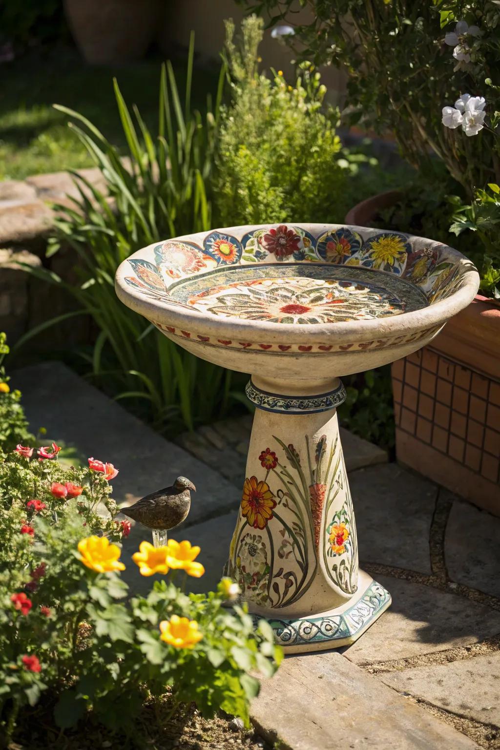 An artisan pottery bird bath showcases craftsmanship and color.