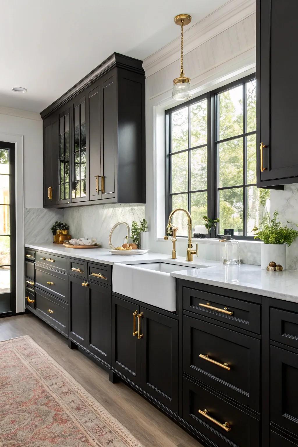Gilded hardware on ebony cabinetry enhances elegance.