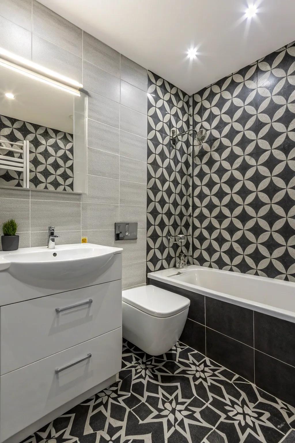 A bathroom that showcases symmetrical designs, adding a modern and artistic flair.