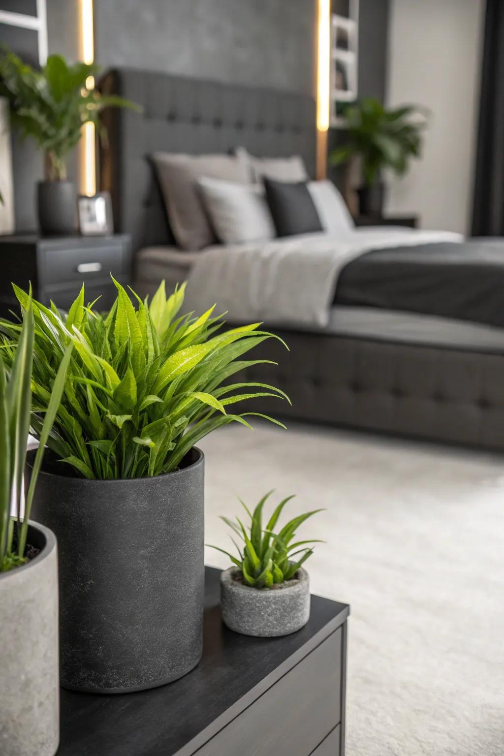 A onyx and gray bedroom with lively plants in modern planters.