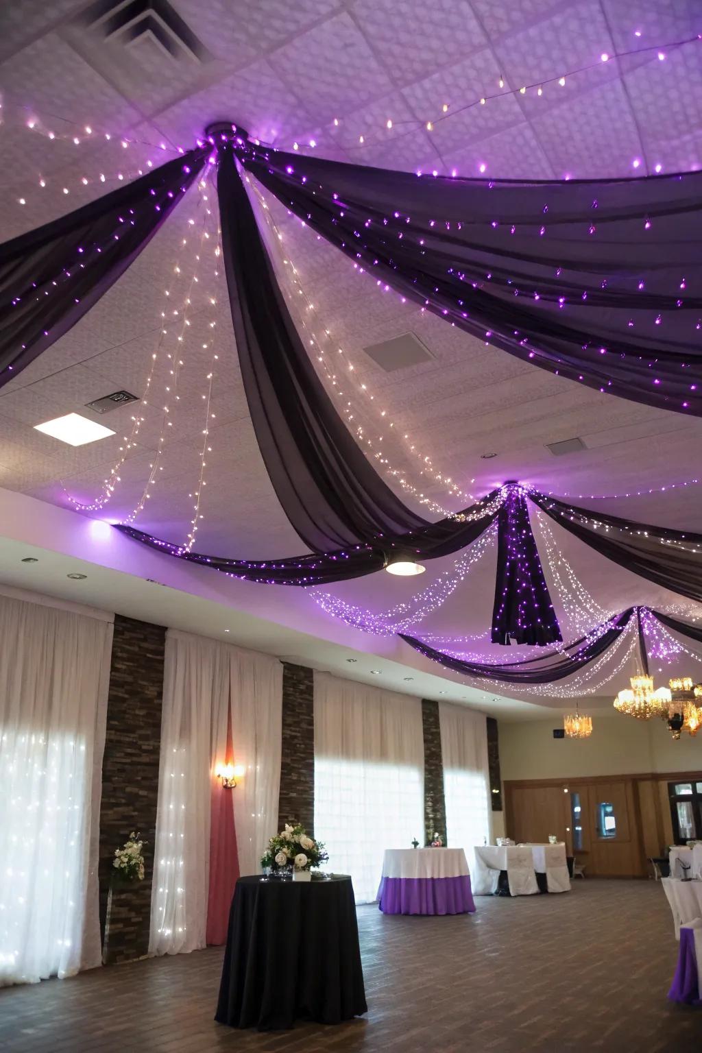Magical ceiling decorations featuring violet flicker lights.
