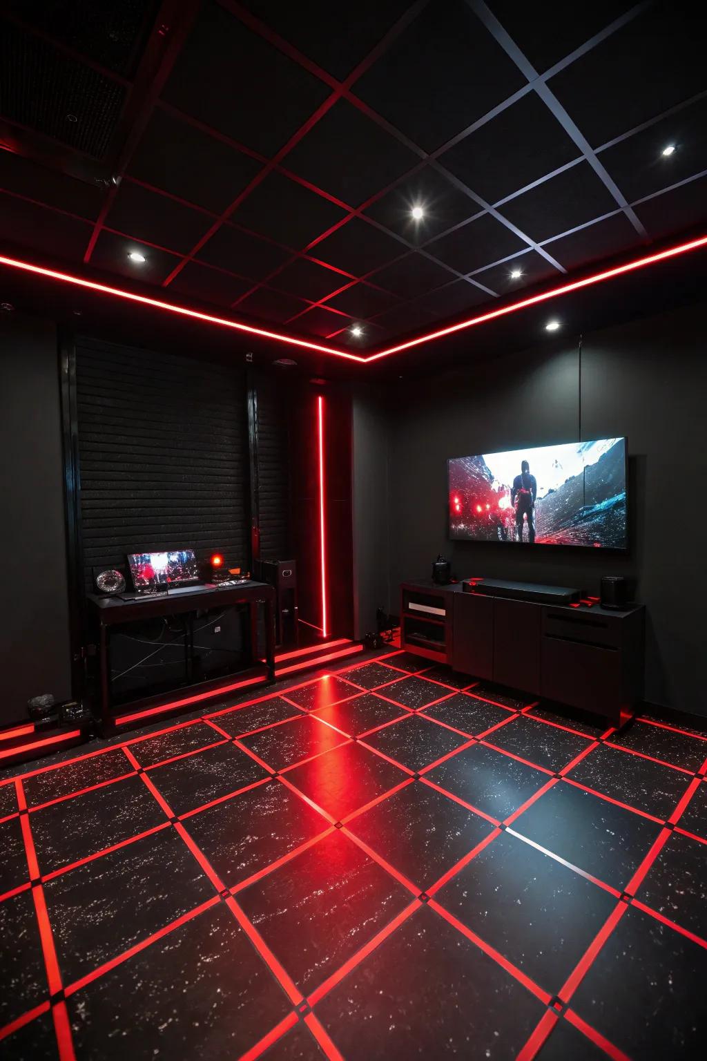 Dynamic crimson floor lighting adds sophistication and drama to the gaming room.