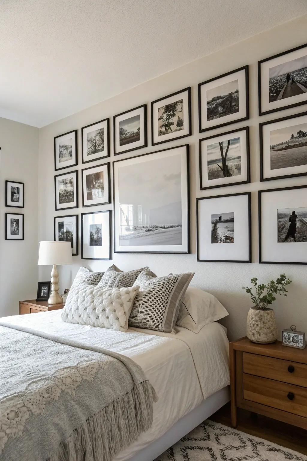 A personal collection of monochrome images adds charm.