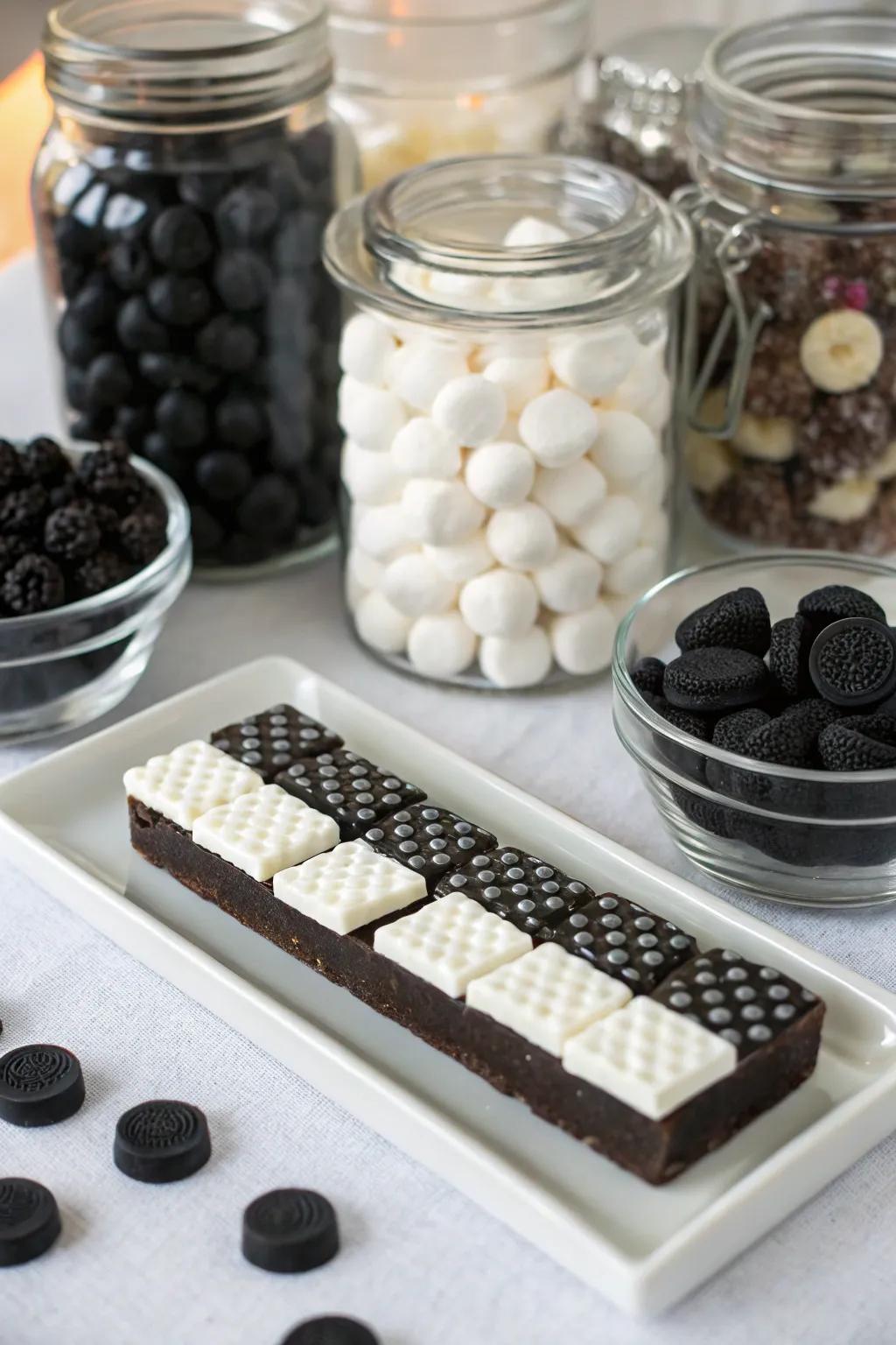 A monochrome candy buffet delights invitees through sugary treats.