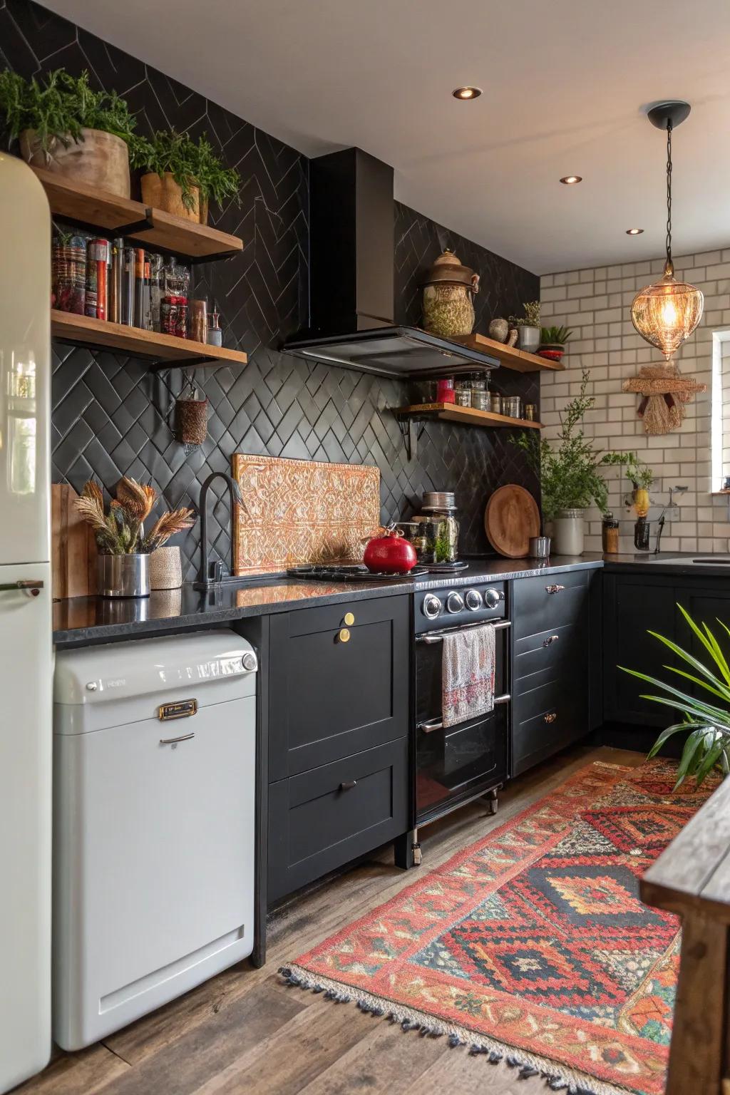 An eclectic cooking space design that merges traditional and modern pieces around a dark backsplash.