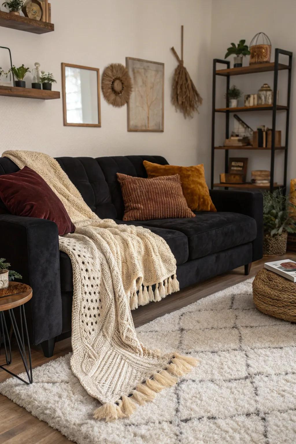Abundant textures create warmth around a dark sofa.