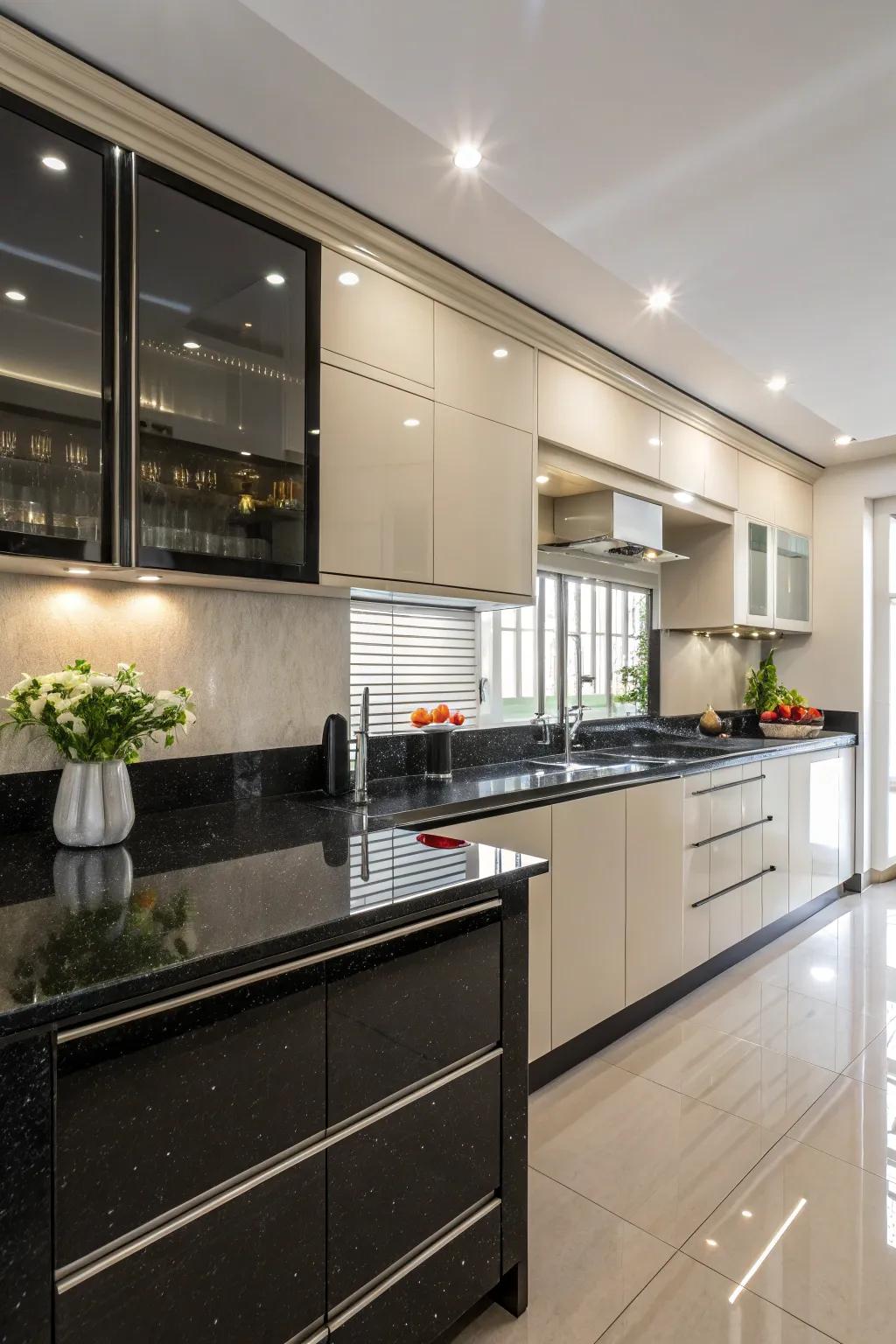 Reflective surfaces enhancing spaciousness in the kitchen.