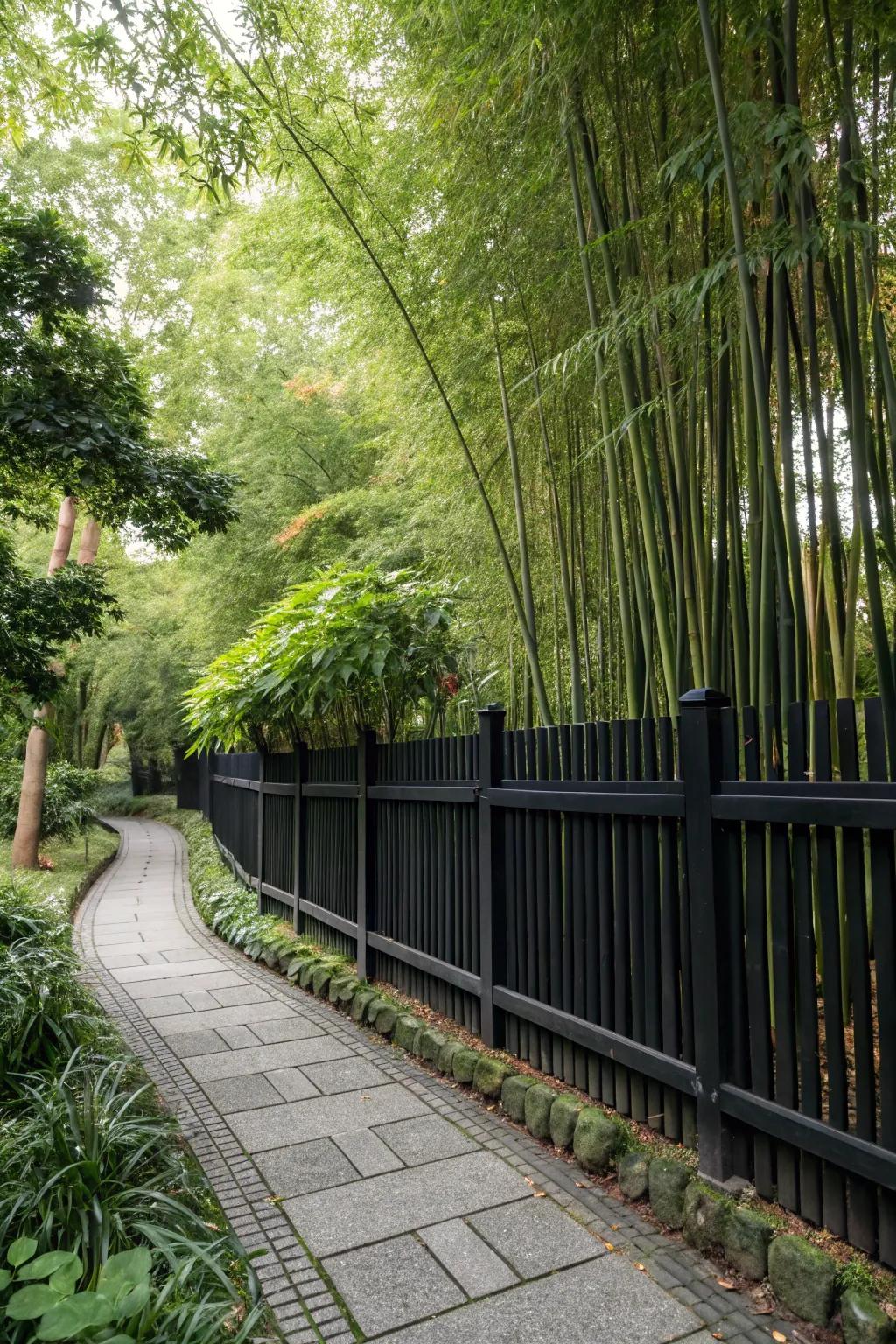 A harmonious blend of a dark fence and bamboo for a Zen garden.