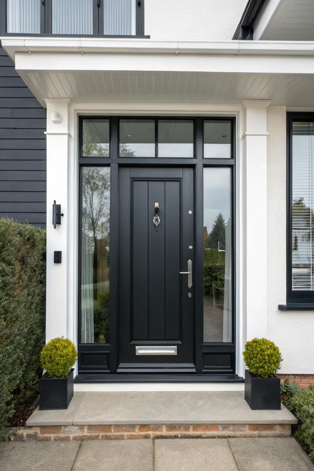 A flat black sheen contrasts beautifully with shiny white trim for a modern style.