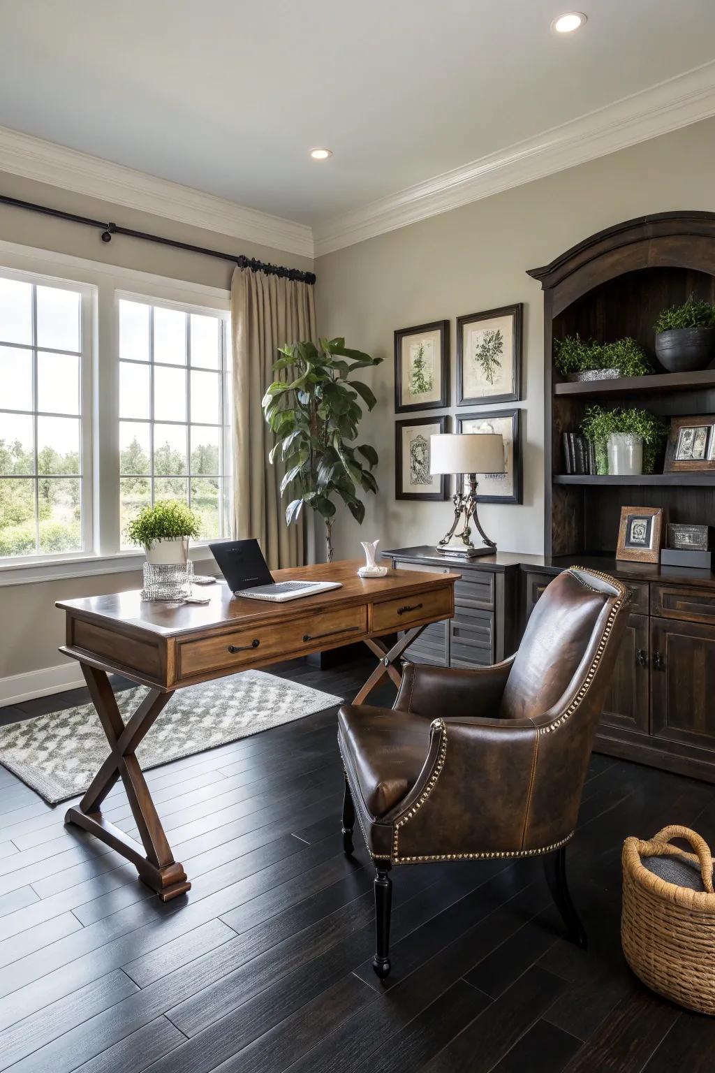 Sophisticated home office with dark hardwood floors.