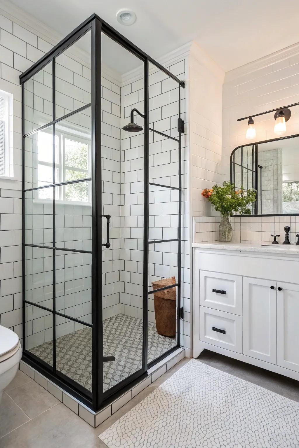 Dark-framed shower enclosures provide a bold, modern statement.