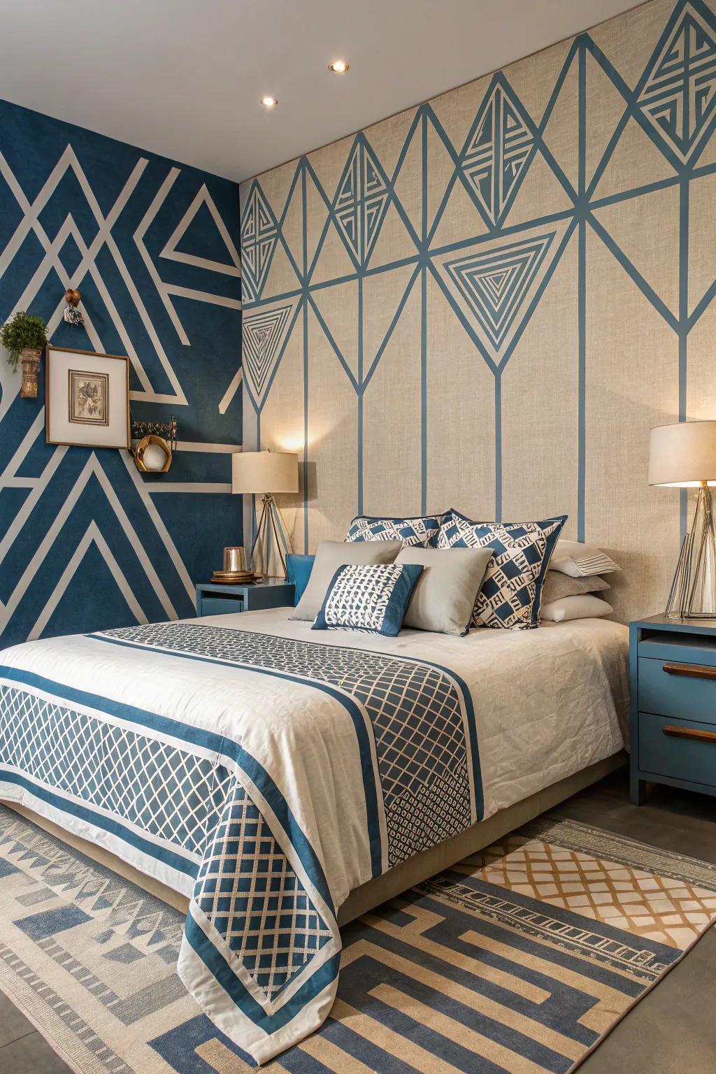 Shapes and lines in azure and sandstone inject a contemporary twist into the space.