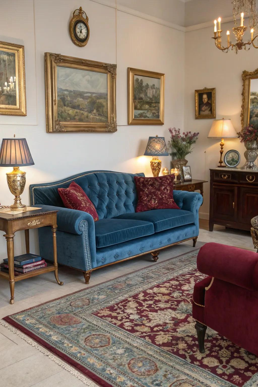 Pieces from the past in hues of azure and crimson append timeless charm.