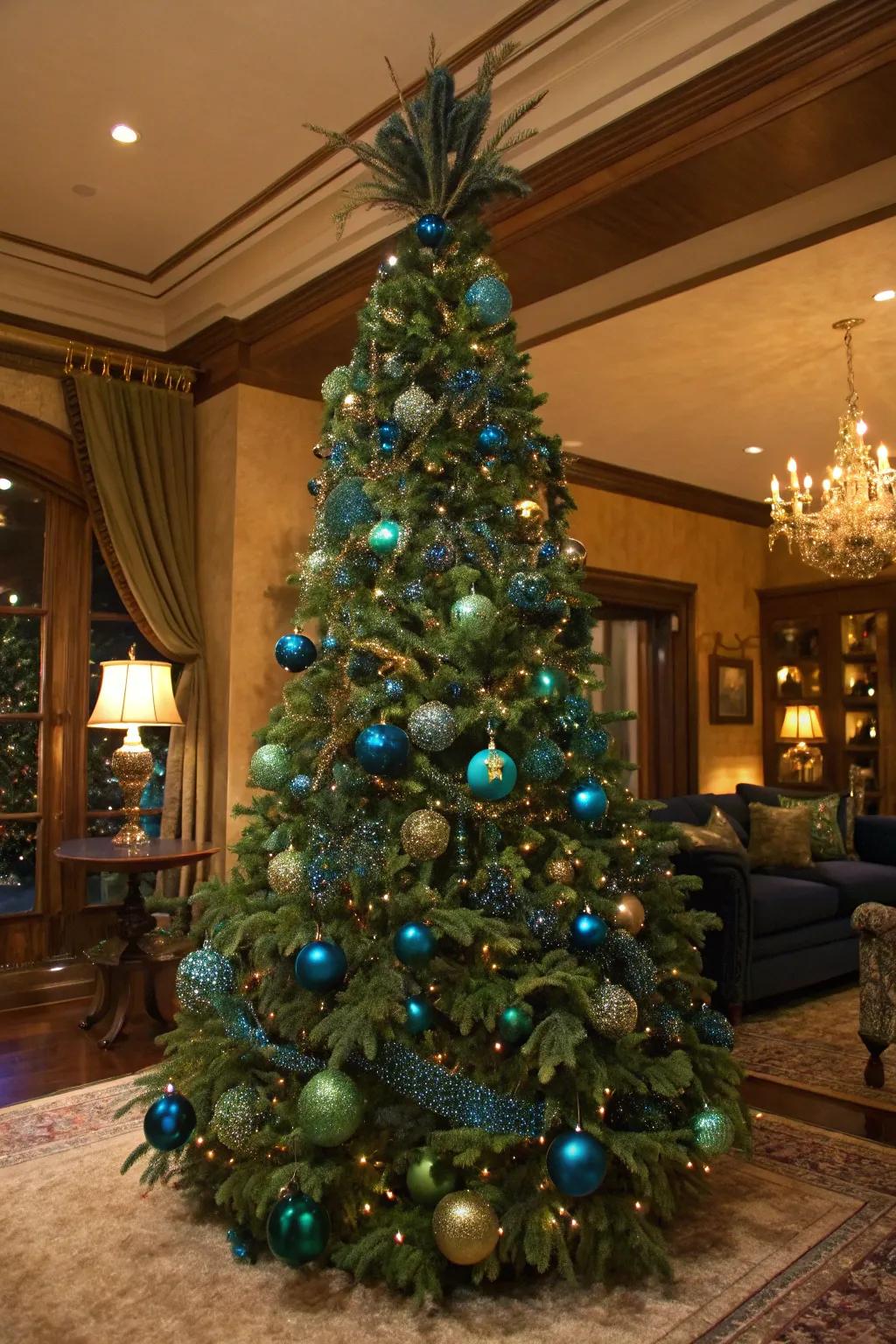 A tree in peacock and moss tones, exuding understated luxury.