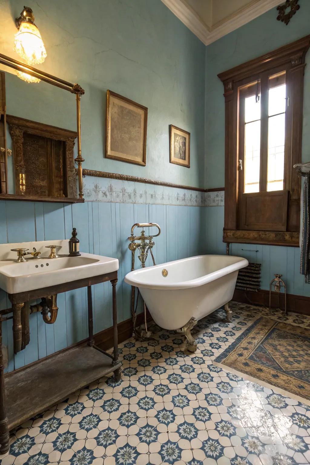 Vintage blue details exude classic charm and nostalgia.