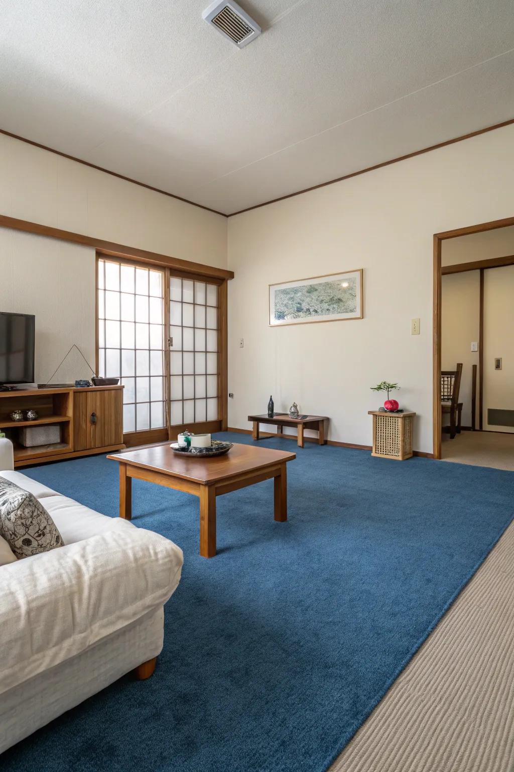 A minimalist approach retains the emphasis on the blue carpet, intensifying simplicity.