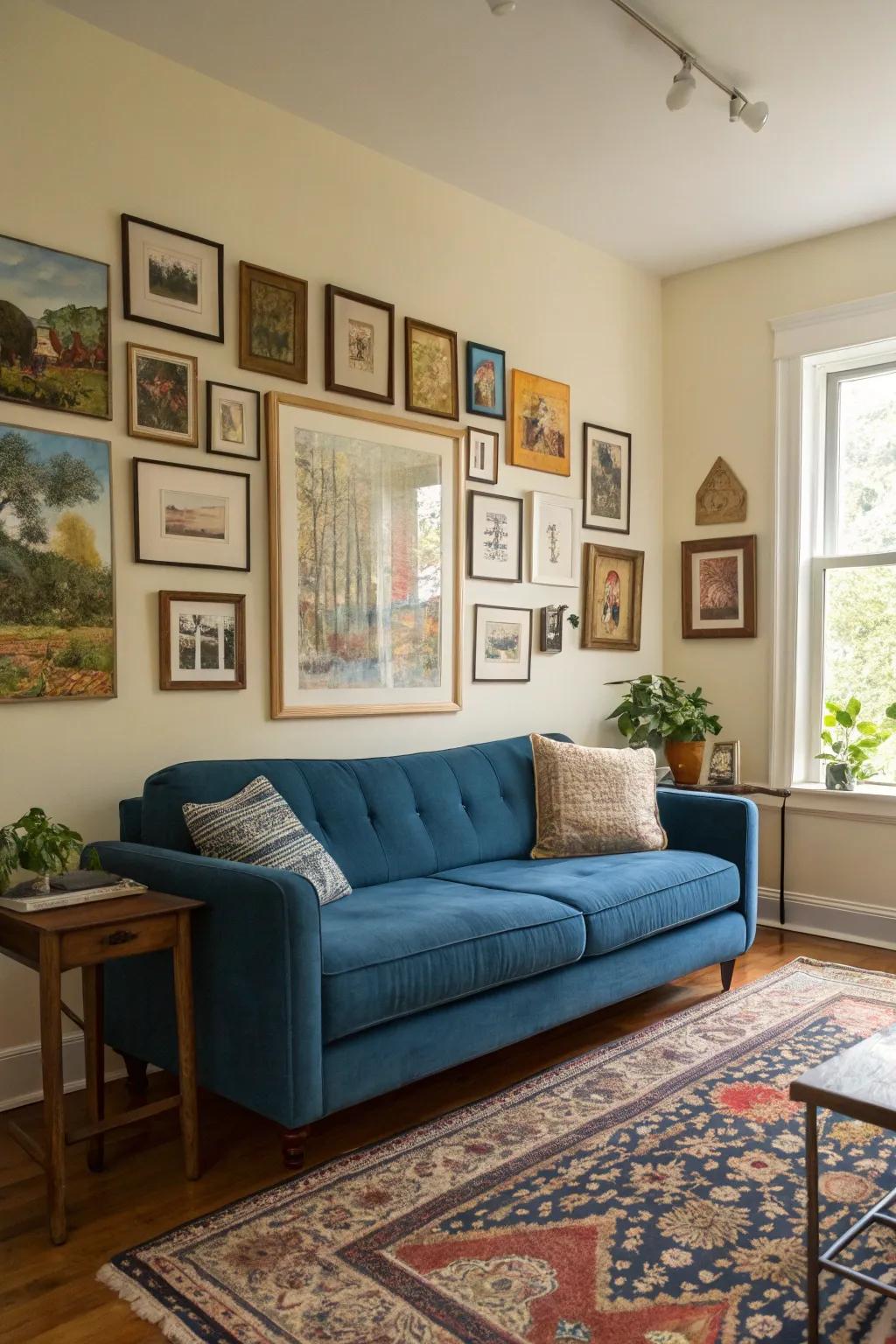 A gallery wall personalizes and emphasizes the sapphire sofa.