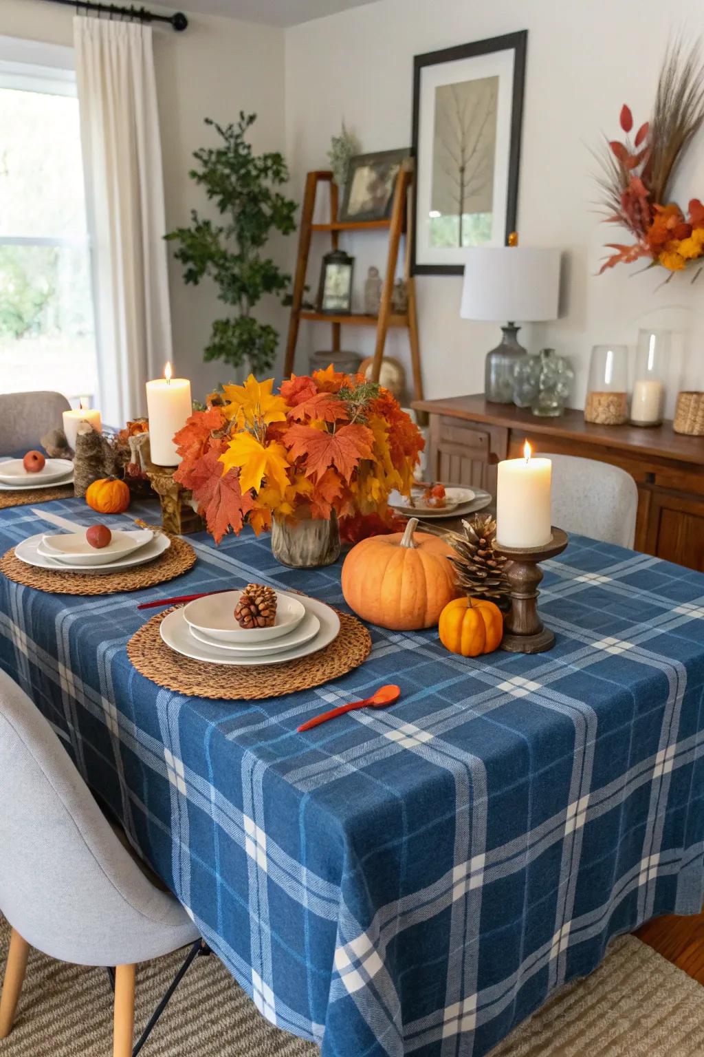 A dining room featuring azure tartan and fall accents.