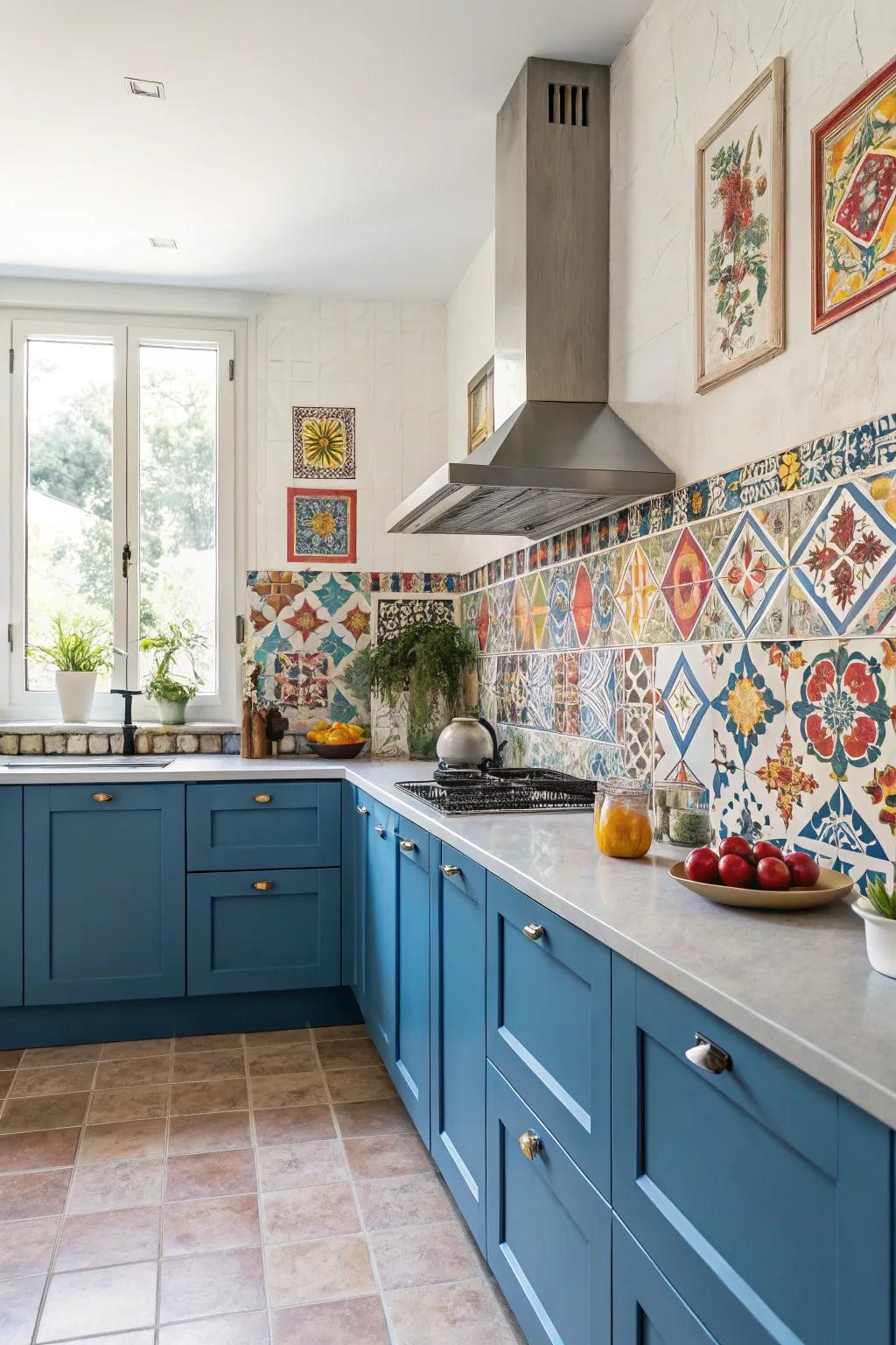 A vibrant patterned rear splash harmonized with azure cabinetry integrates singular character into the cooking space.