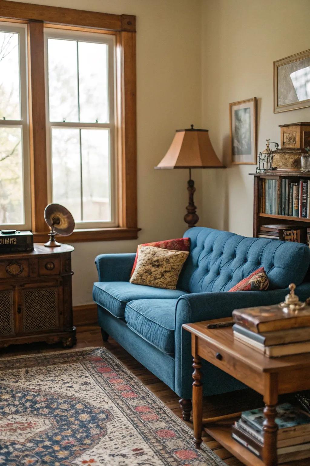 Vintage touches add character to a sapphire loveseat setup.
