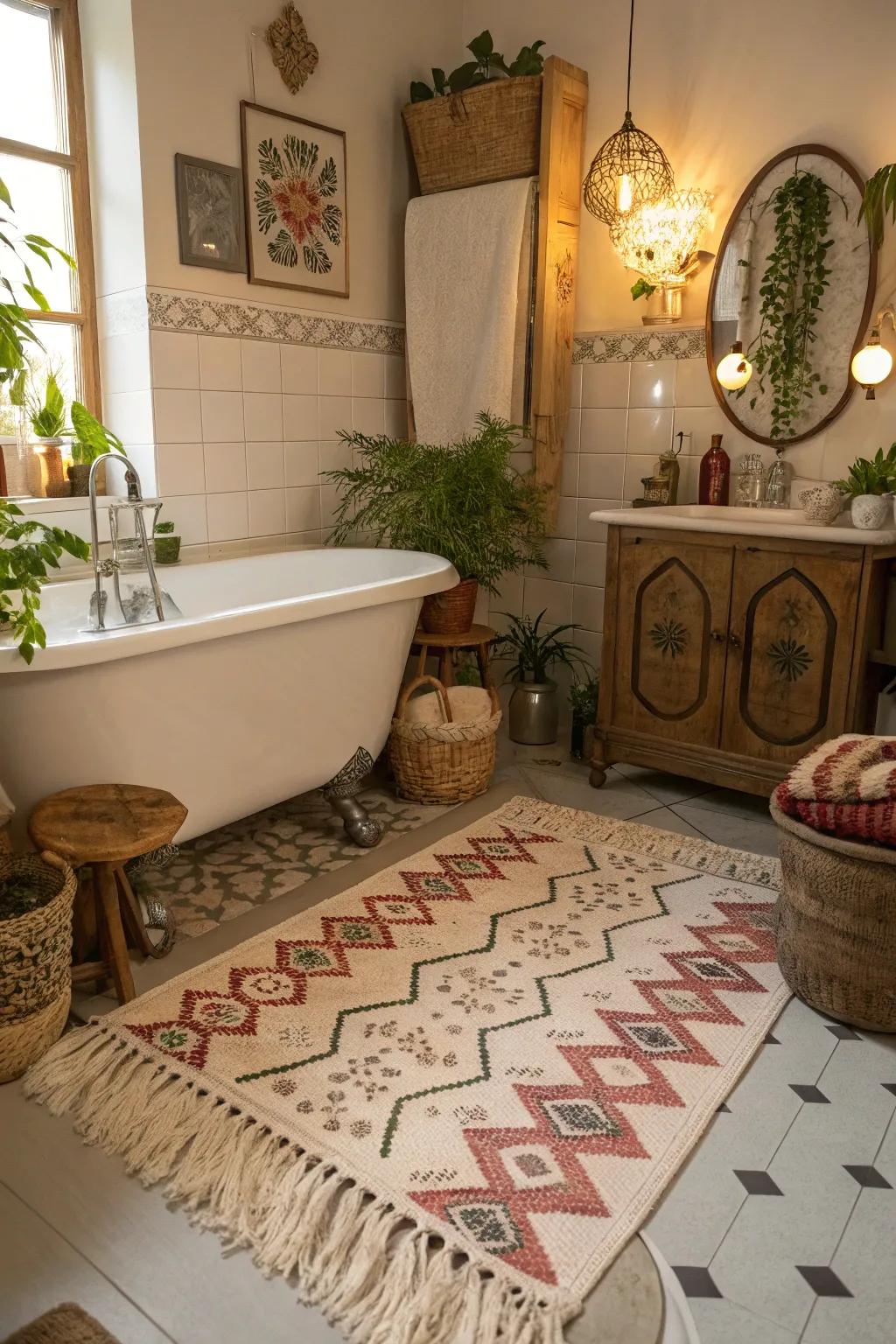 A comforting boho bathroom featuring a tasseled bath ground covering.