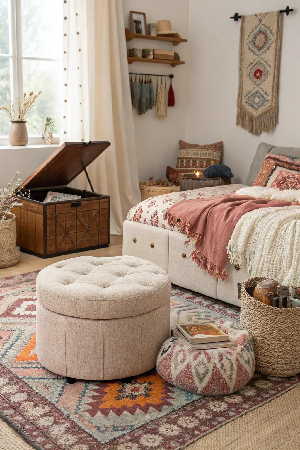 Multifunctional furniture introduces practicality and style to bohemian decor.