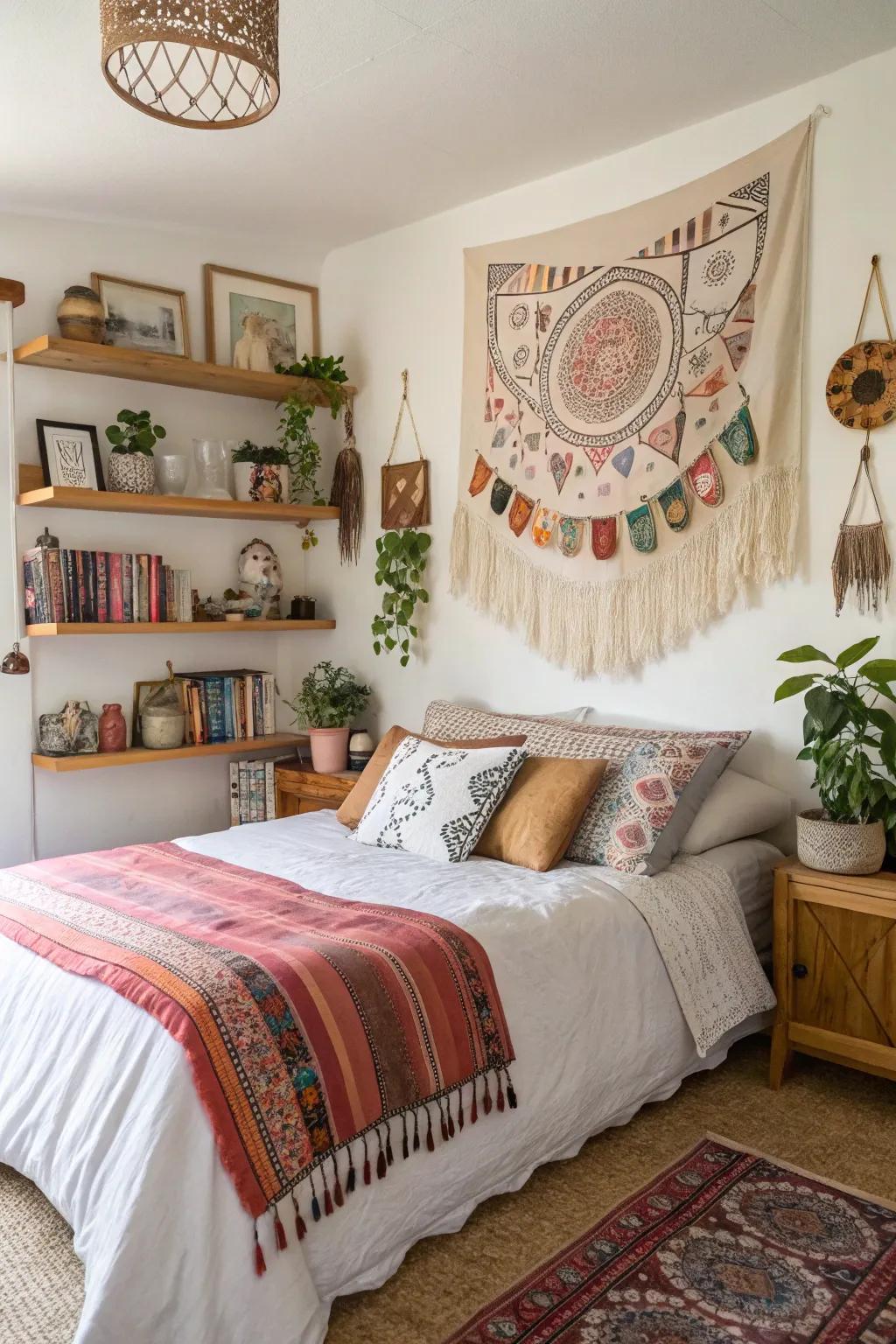 Personalized DIY creations in this boho bedroom.