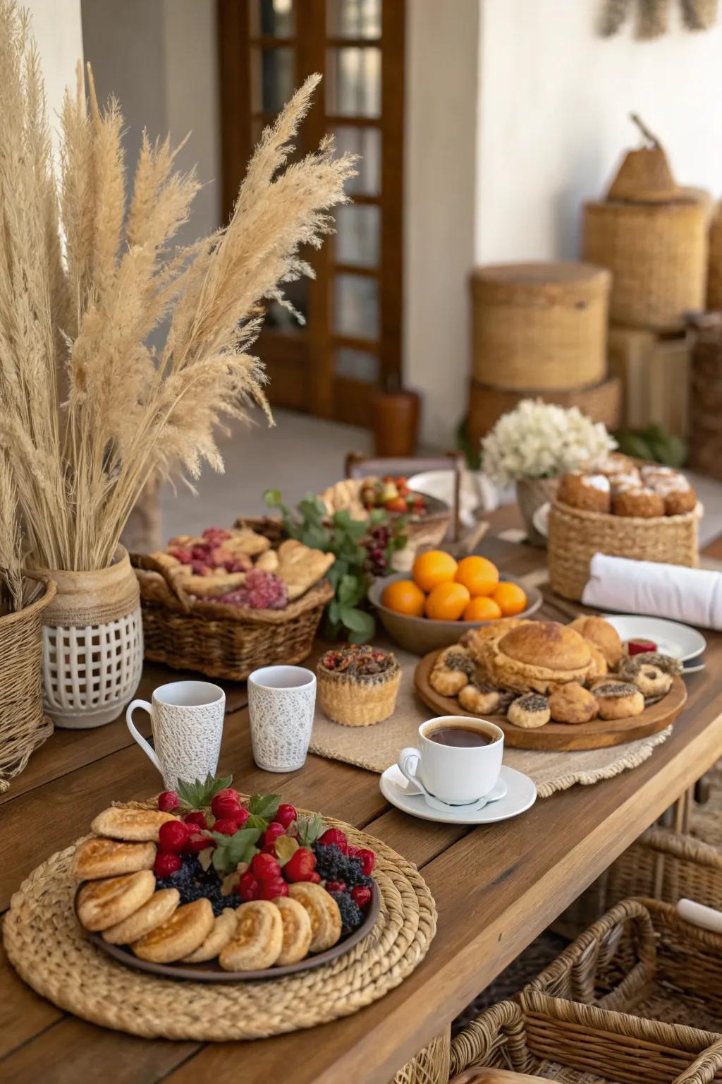 Feathered grass adds chic elegance to the boho brunch ambiance.
