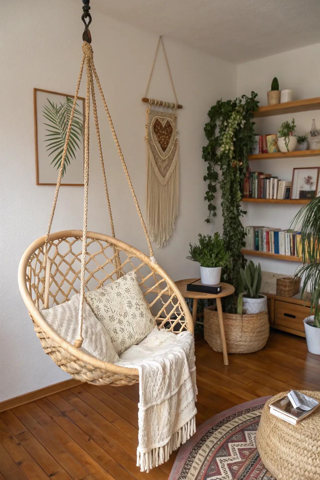 A playful cane suspended chair in a bohemian corner.