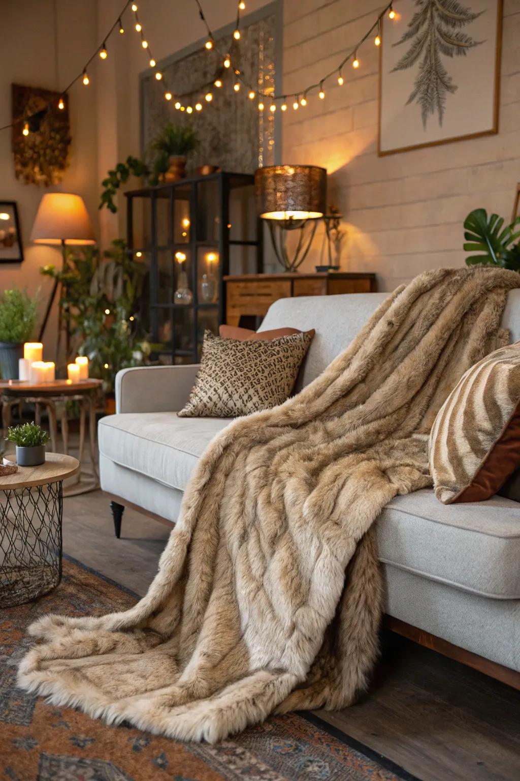 A fur throw introduces a hint of luxury and coziness to the decor.