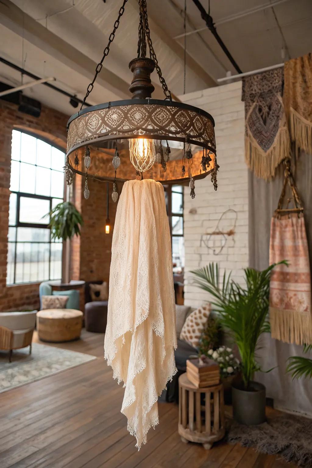 An industrial bohemian light fitting merging aesthetics within a mixed decor room.