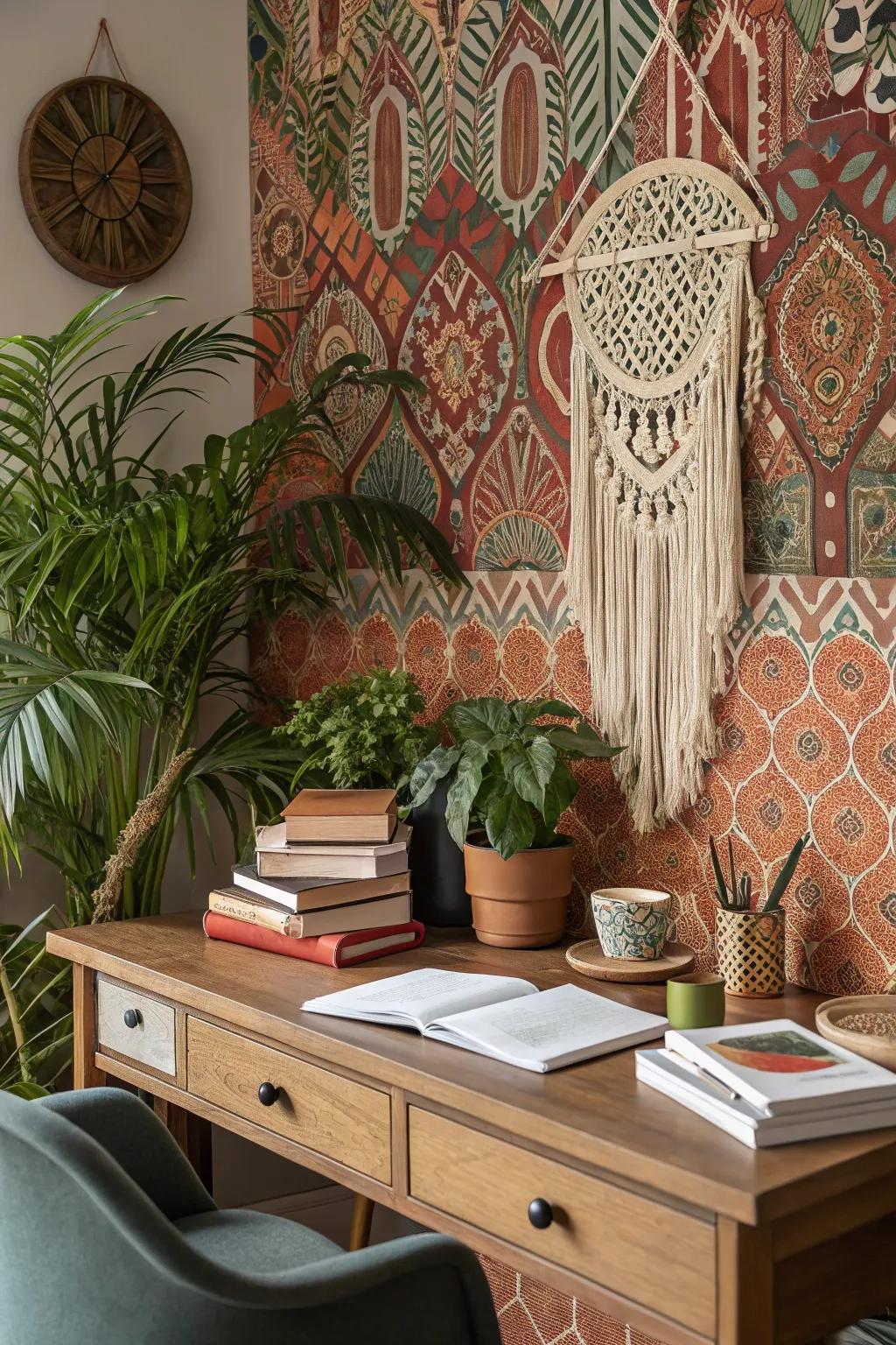 Bold wallpaper adds depth and a statement look to the office.